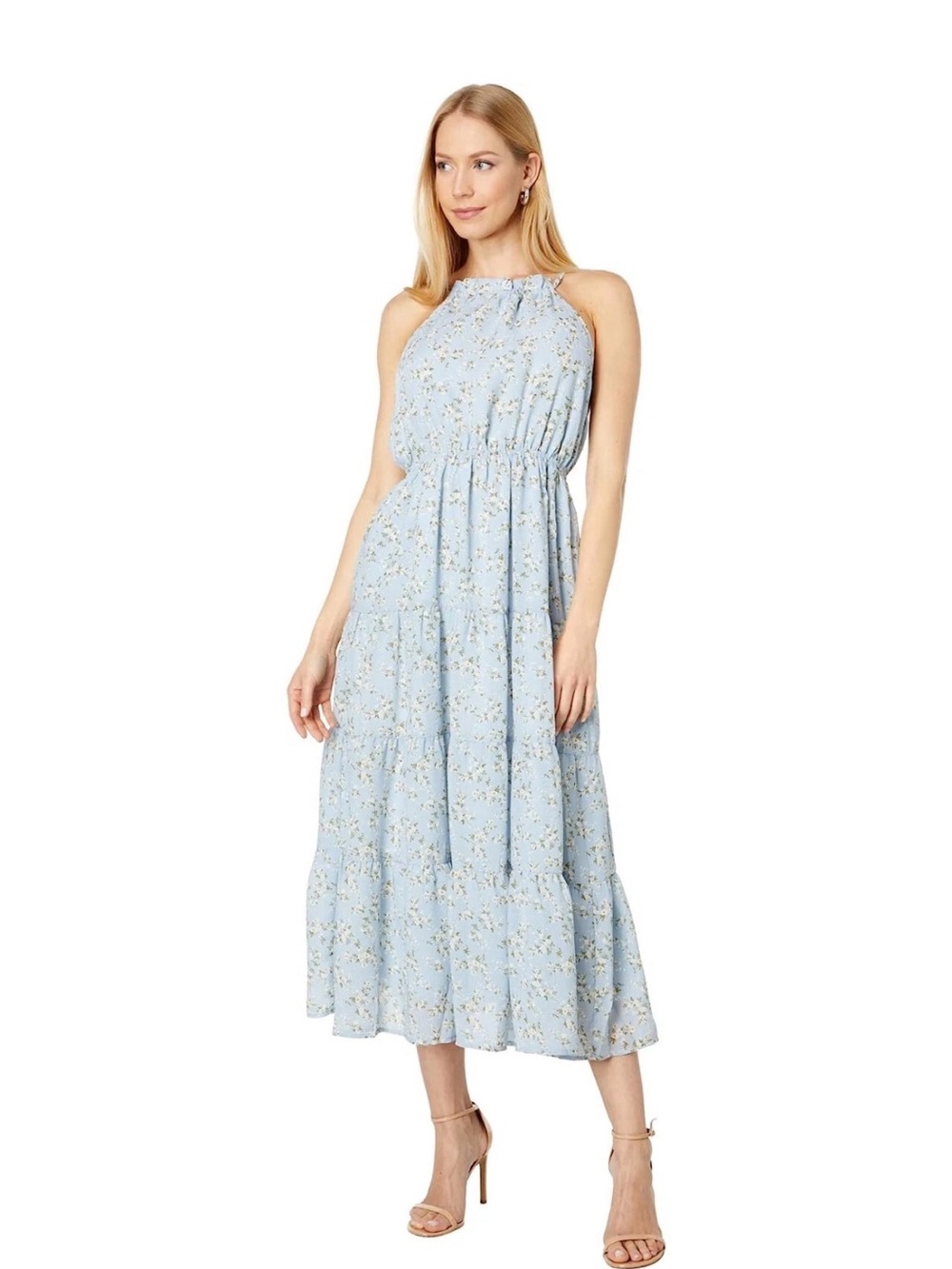 En Saison womens Blue Floral Sullivan Halter Open Back Ruffle Midi Dress size Sm